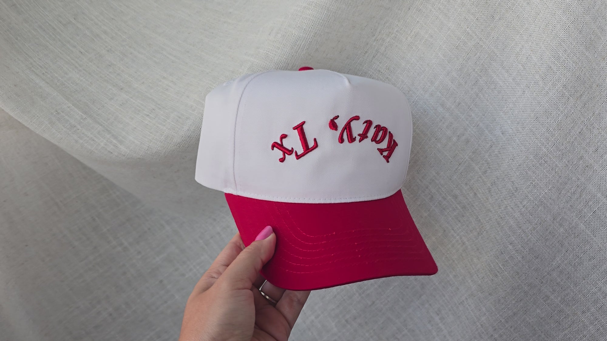 White Katy TX Curved Hat – Upside Down 3D Puff Embroidered Snapback