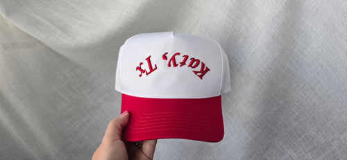 White Katy TX Curved Hat – Upside Down 3D Puff Embroidered Snapback