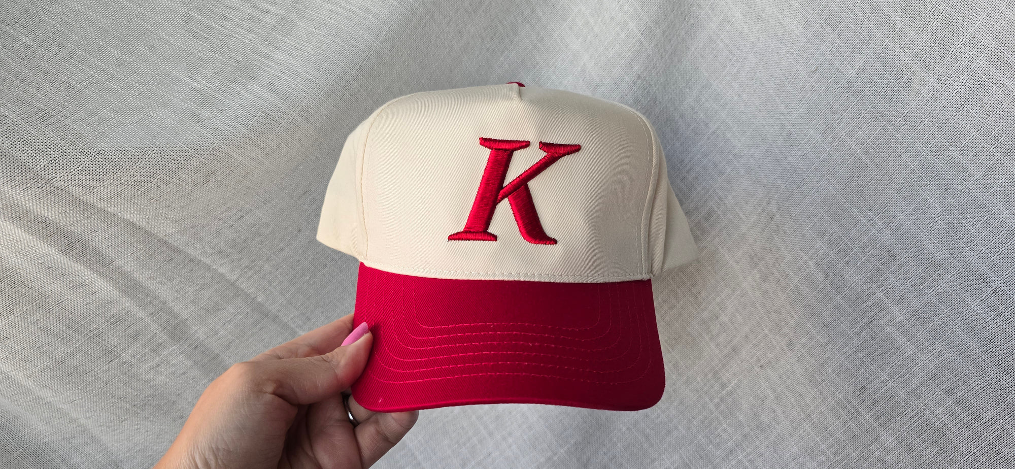 Katy K Hat – Minimalist 3D Puff Embroidered Cap in Red & Cream